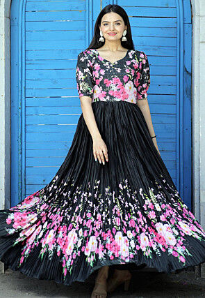 Printed Chinon Silk Accordion Pleated Flared Gown in Black