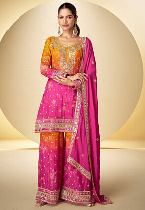 Embroidered Chinon Silk Pakistani Suit in Mustard and Fuchsia