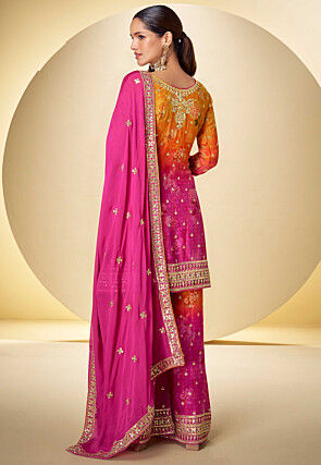 Embroidered Chinon Silk Pakistani Suit in Mustard and Fuchsia