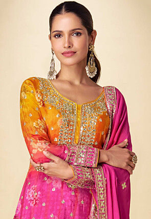 Embroidered Chinon Silk Pakistani Suit in Mustard and Fuchsia