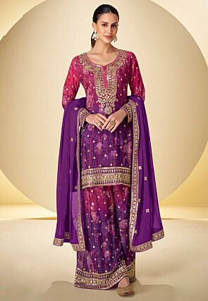 Embroidered Chinon Silk Pakistani Suit in Shaded Pink and Purple