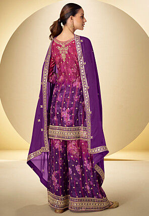 Embroidered Chinon Silk Pakistani Suit in Shaded Pink and Purple