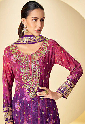 Embroidered Chinon Silk Pakistani Suit in Shaded Pink and Purple