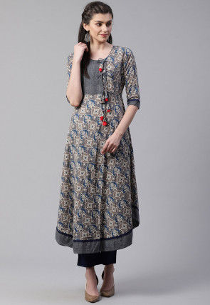 Printed Cotton A Line Kurta in Blue and Fawn
