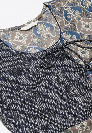 Printed Cotton A Line Kurta in Blue and Fawn