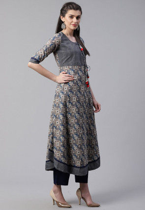 Printed Cotton A Line Kurta in Blue and Fawn