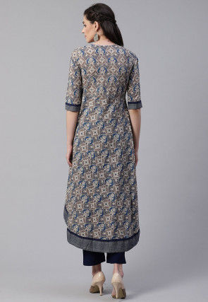 Printed Cotton A Line Kurta in Blue and Fawn