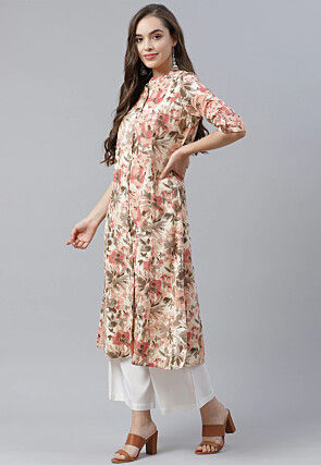 Printed Cotton A Line Kurta in Cream