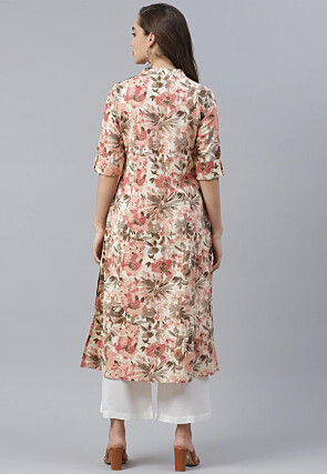 Printed Cotton A Line Kurta in Cream