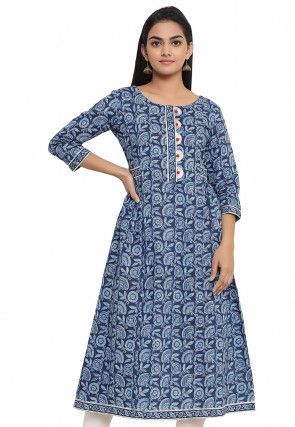 Printed Cotton A Line Kurta in Dark Blue