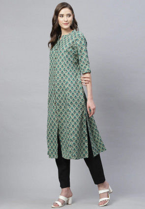 Printed Cotton A Line Kurta in Dusty Green