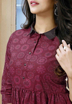 Printed Cotton A Line Kurta in Maroon