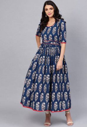 Printed Cotton A Line Kurta in Navy Blue