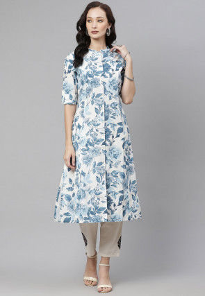 Printed Cotton A Line Kurta in Off White and Blue