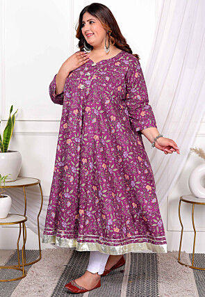 Women Purple Printed Cotton A-Line Kurta main image 0
