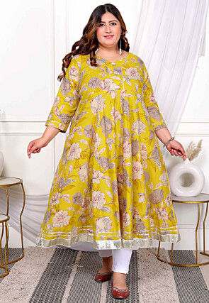 Printed Cotton A Line Kurta in Yellow