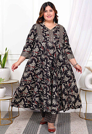Printed Cotton A Line Kurta Set in Black