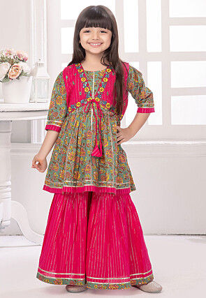 Printed Cotton A Line Kurta Set in Dusty Green