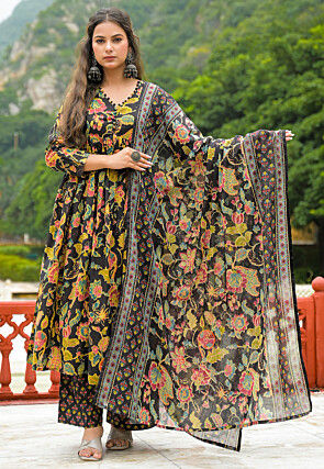Printed Cotton A Line Suit in Black