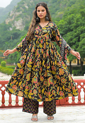 Printed Cotton A Line Suit in Black