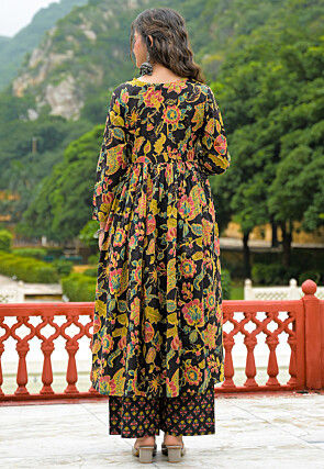 Printed Cotton A Line Suit in Black