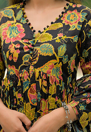 Printed Cotton A Line Suit in Black