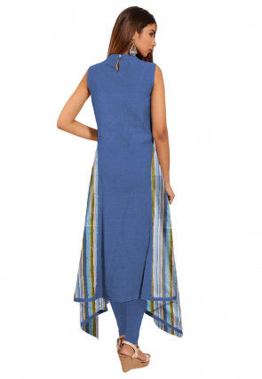 Printed Cotton A Line Suit in Blue