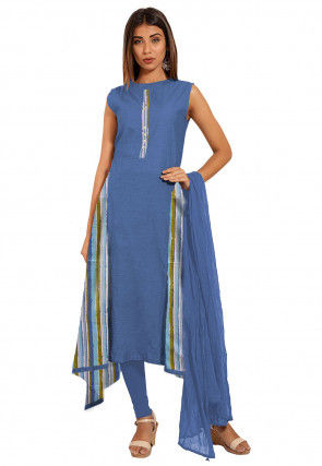 Printed Cotton A Line Suit in Blue