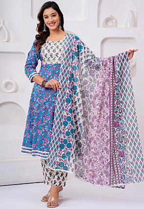 Printed Cotton A Line Suit in Blue