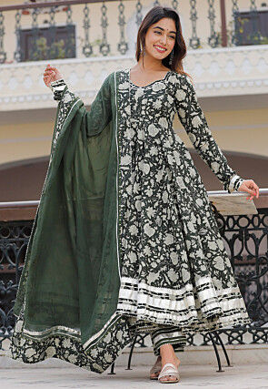 Printed Cotton A Line Suit in Dark Green