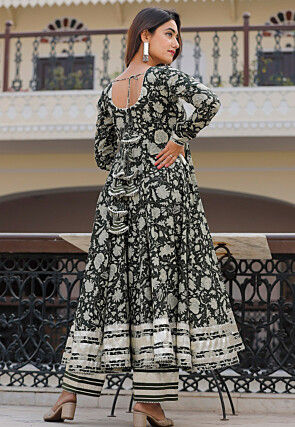 Printed Cotton A Line Suit in Dark Green