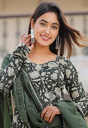 Printed Cotton A Line Suit in Dark Green