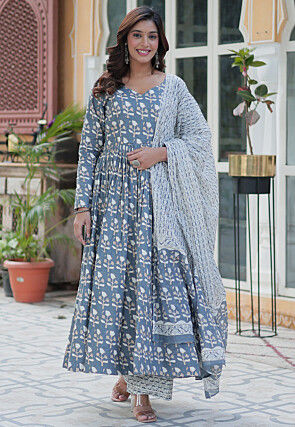 Printed Cotton A Line Suit in Grey