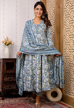 Printed Cotton A Line Suit in Grey