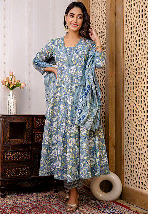 Printed Cotton A Line Suit in Grey