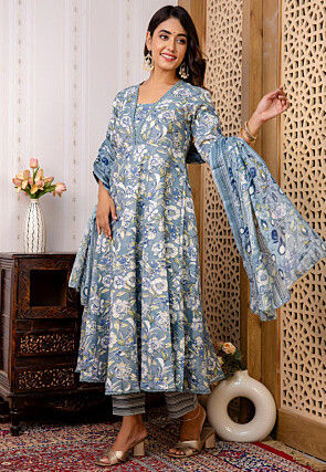 Printed Cotton A Line Suit in Grey