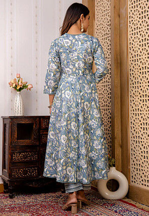 Printed Cotton A Line Suit in Grey