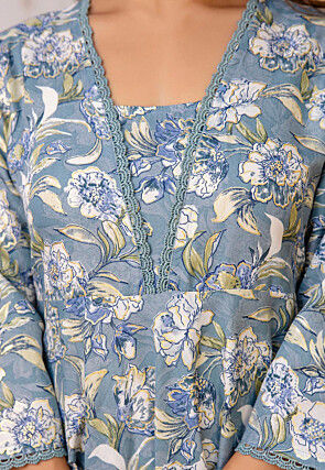 Printed Cotton A Line Suit in Grey