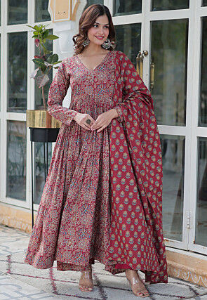 Printed Cotton A Line Suit in Maroon