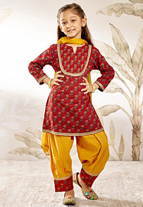 Printed Cotton Punjabi Suit in Maroon
