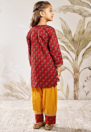 Printed Cotton Punjabi Suit in Maroon