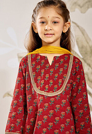 Printed Cotton Punjabi Suit in Maroon