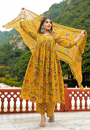 Printed Cotton A Line Suit in Mustard