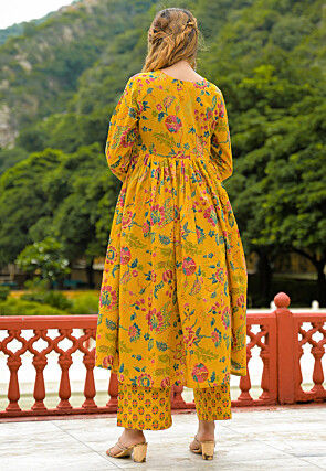 Printed Cotton A Line Suit in Mustard