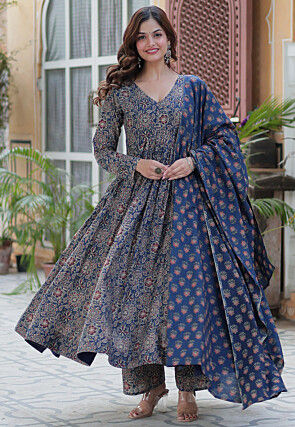 Printed Cotton A Line Suit in Navy Blue