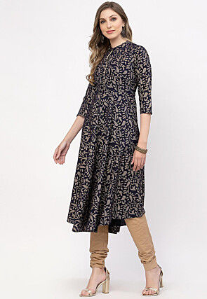 Printed Cotton A Line Suit in Navy Blue