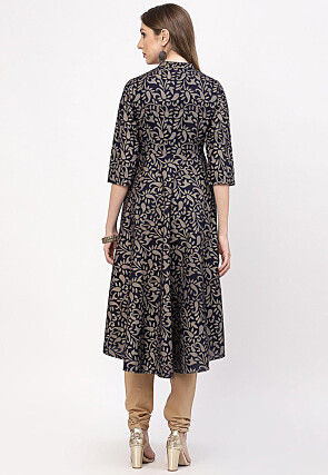 Printed Cotton A Line Suit in Navy Blue