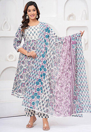 Printed Cotton A Line Suit in Off White