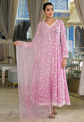 Printed Cotton A Line Suit in Pink