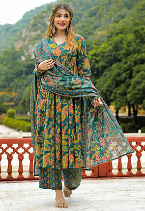 Printed Cotton A Line Suit in Teal Blue